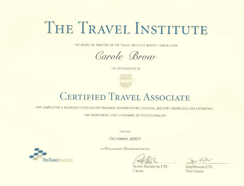 Carole Brow, CTA - Certified Travel Associate of the Travel Institute